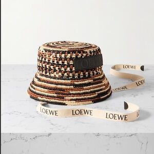 LOEWE x Paula’s Ibiza leather and webbing trimmed striped raffia bucket hat